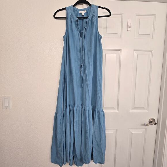 Women’s Sleeveless Maxi Dress Blue Sz S Tiered Boho Coastal Cruise Resortwear - Picture 3 of 8